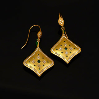 Estate 1990's Brush Finish Diamond and Emerald 18k Yellow Gold Earrings — detail view