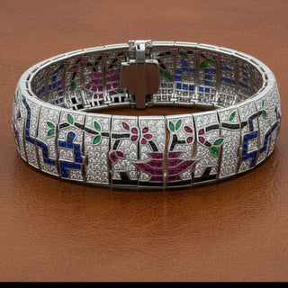 Estate Custom Made Diamond Ruby Emerald Onyx Sapphire 18K White Gold Bracelet