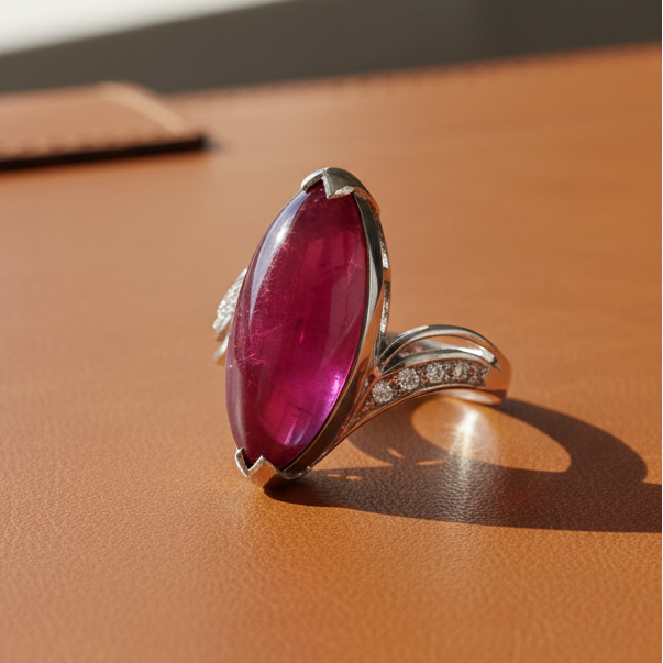 Estate Bold Custom 15.38 ct Pink Tourmaline and Diamond Platinum Ring 15262