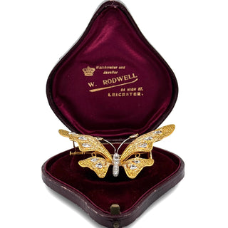 Estate Butterfly Natural Fancy Yellow and White Diamond 18Kt Yellow and White Gold Brooch — reverse view