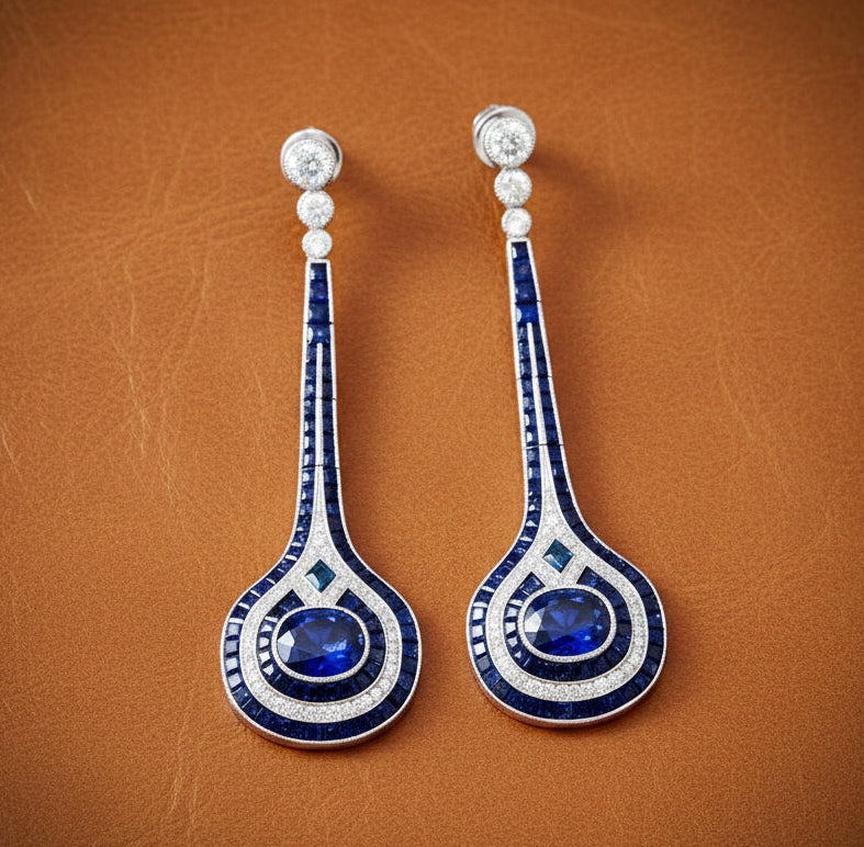 Estate Sapphire and Diamond 18K White Gold Drop Earrings