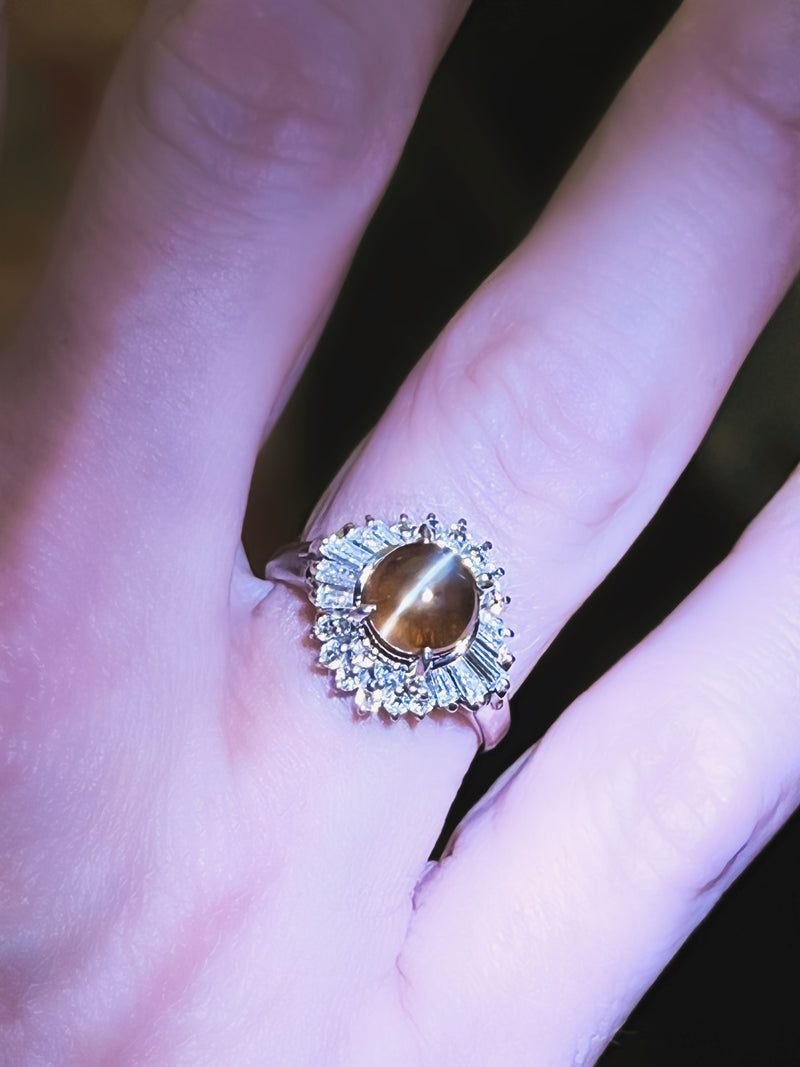 Estate Cat's Eye Green Chrysoberyl & Diamond Platinum Ring — alternate view