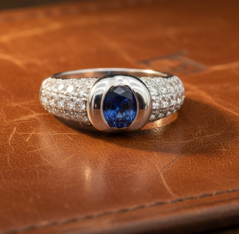 Estate Sapphire, Diamond and 18K White Gold Tapered Ring