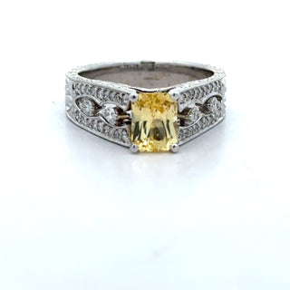 Estate Yellow Sapphire, Diamond, and 18K White Gold Antique Ring — side view