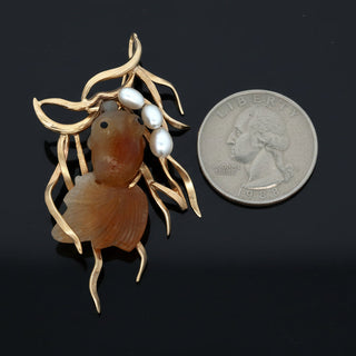 Estate Carved Agate & Pearl Fish Pendant/Brooch 15561 — side view