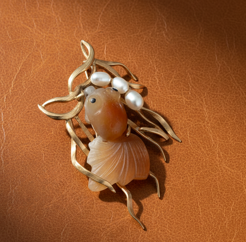 Estate Carved Agate & Pearl Fish Pendant/Brooch 15561