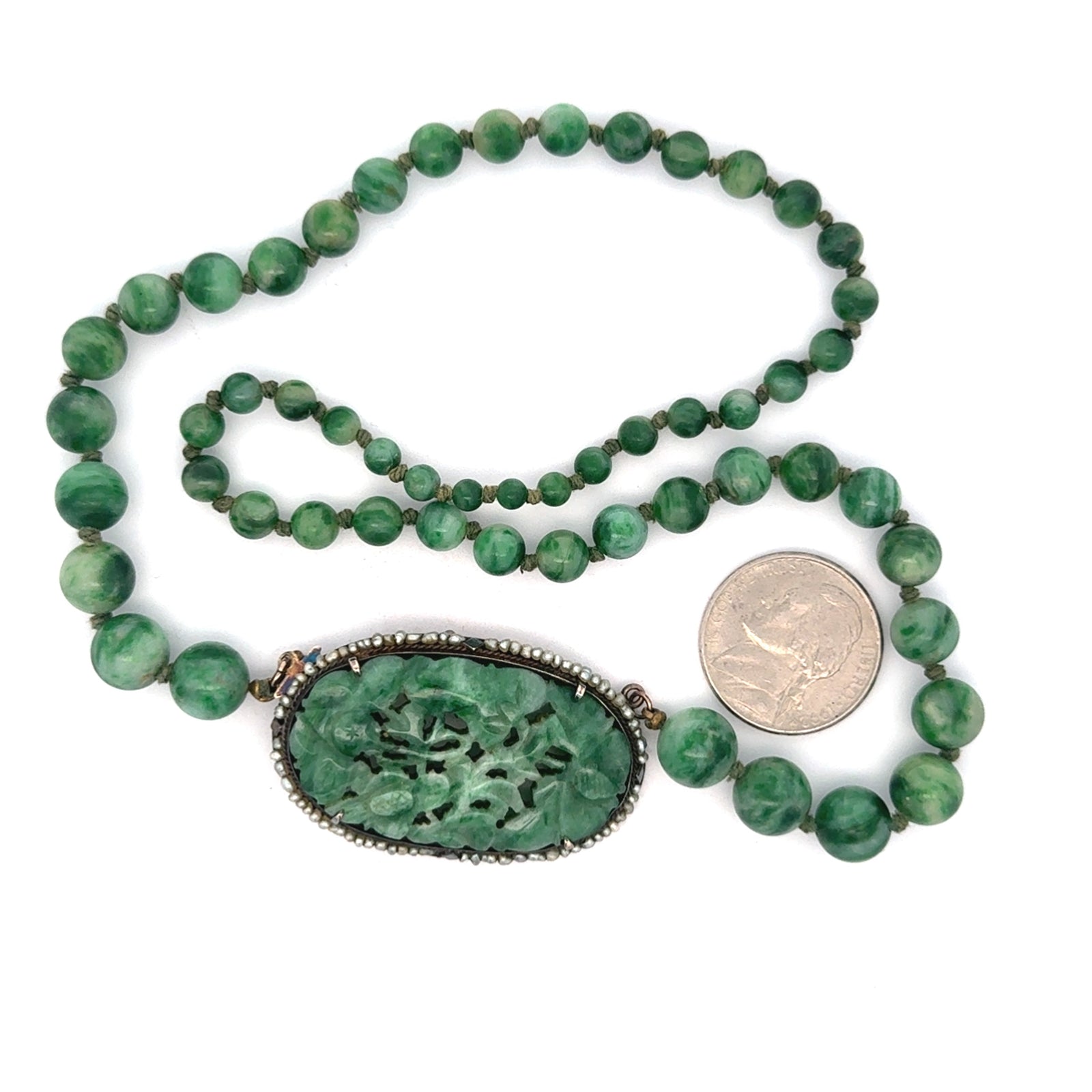 Estate Jadeite & Natural Pearl 14K White Gold Necklace 15667 — side view