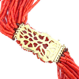 Estate 18Kt Yellow Gold and Carved Coral Multi Strand Necklace — detail view
