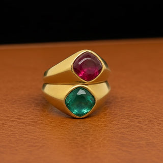 Estate jewelry — Estate Italian Designer Vaglio Emerald and Ruby 18K Yellow Gold Ring