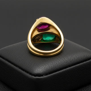 Italian Designer Vaglio Emerald and Ruby 18K Yellow Gold Ring — side view