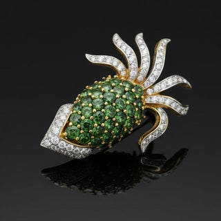 Estate "The Squid" Tsavorite and Diamond 18K Yellow Gold Brooch — side view