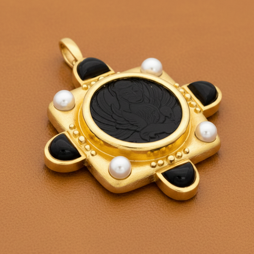 Estate Designer Elizabeth Locke 18K Yellow Gold Onyx and Pearl Pendant/Brooch