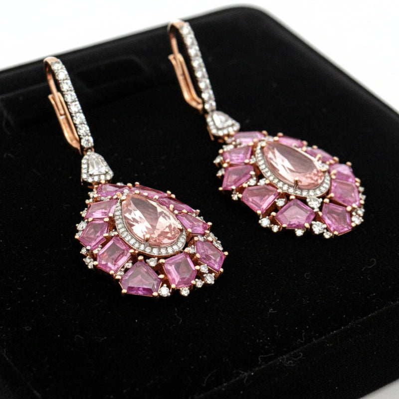 Estate Italian Designer Marchisio Diamond, Morganite and Pink Sapphire 18K White/Yellow Gold Dangle Earrings — detail view