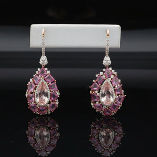 Estate Italian Designer Marchisio Diamond, Morganite and Pink Sapphire 18K White/Yellow Gold Dangle Earrings — side view