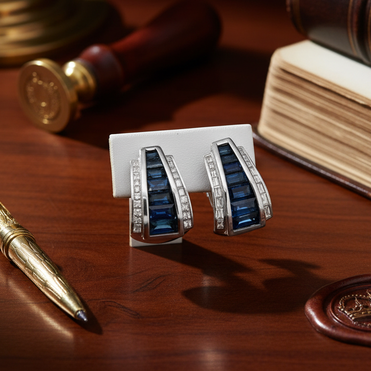 Estate Italian Designer Marchisio French Cut Sapphire and Diamond 18K White Gold Earrings