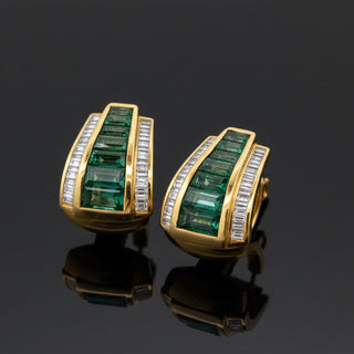Estate Italian Designer Marchisio French Cut Emerald and Diamond 14K Yellow Gold Earring — side view