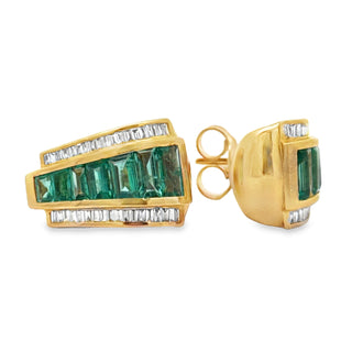 Estate Italian Designer Marchisio French Cut Emerald and Diamond 14K Yellow Gold Earring — reverse view