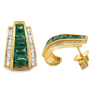 Estate Italian Designer Marchisio French Cut Emerald and Diamond 14K Yellow Gold Earring — detail view