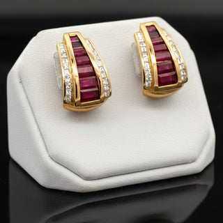 Estate Italian Designer Marchisio French Cut Ruby and Diamond 18K Yellow Gold Earrings — reverse view