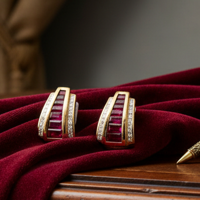 Estate Italian Designer Marchisio French Cut Ruby and Diamond 18K Yellow Gold Earrings