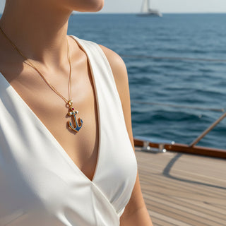 Estate Yacht Lady Anchor Red White Blue 14K Yellow Gold Necklace — side view