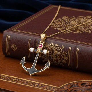 Estate Yacht Lady Anchor Red White Blue 14K Yellow Gold Necklace