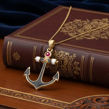 Estate Yacht Lady Anchor Red White Blue 14K Yellow Gold Necklace