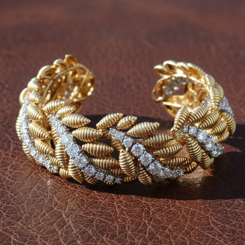 Estate 10.27ctw Diamond Textured Leaf Motif 18K Yellow and White Gold Bracelet