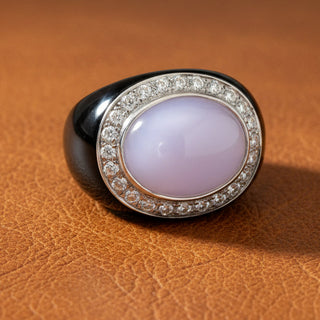Estate Designer Nini Purple Jadiete and Diamond, Enamel 18Kt White Gold Ring — side view