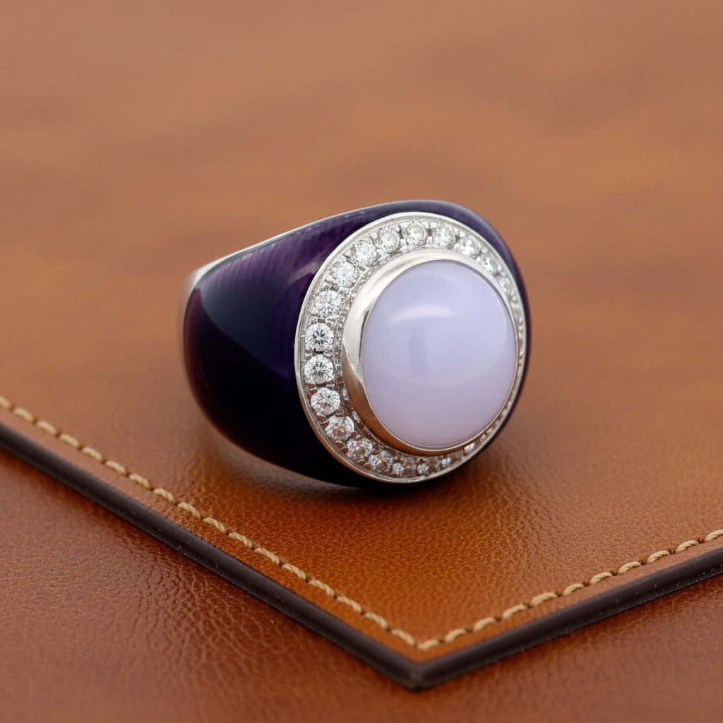Estate Designer Nini Purple Jadiete and Diamond, Enamel 18Kt White Gold Ring
