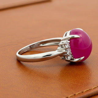 Estate Mid Century Ruby and Diamond Platinum Ring — detail view
