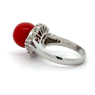 Estate Mid Century Red Coral, Diamond Platinum Ring — scale view