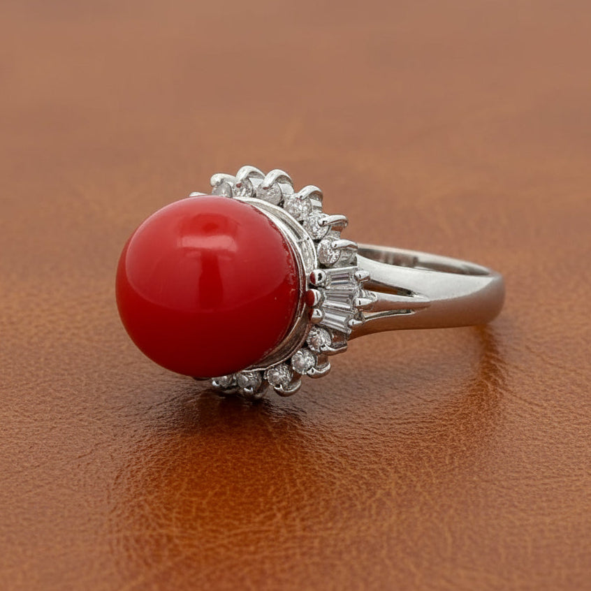 Estate Mid Century Red Coral, Diamond Platinum Ring