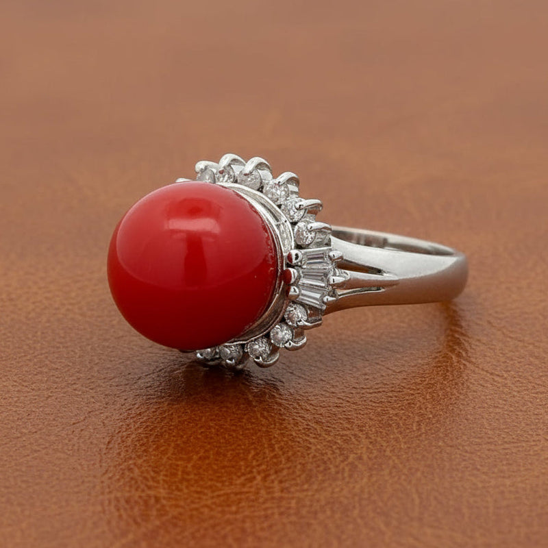 Estate Mid Century Red Coral, Diamond Platinum Ring