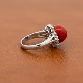 Estate Mid Century Red Coral, Diamond Platinum Ring — detail view