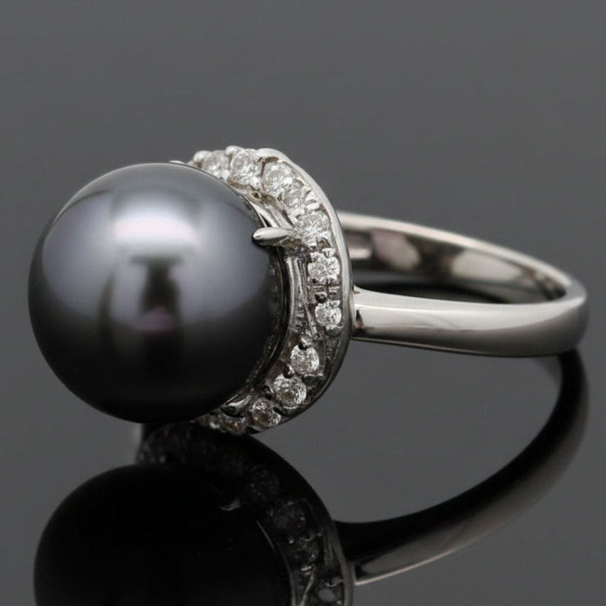 Estate Modern 11.90mm Tahitian Pearl and Diamond Platinum Ring