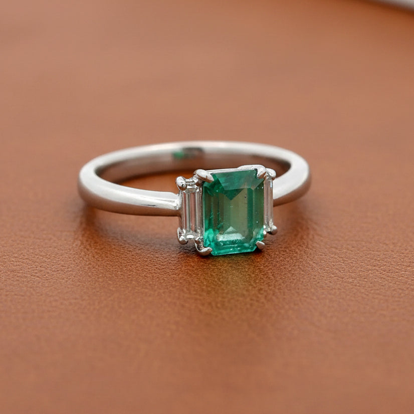 Estate Modern Emerald and Diamond Platinum Ring