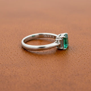 Estate Modern Emerald and Diamond Platinum Ring — detail view