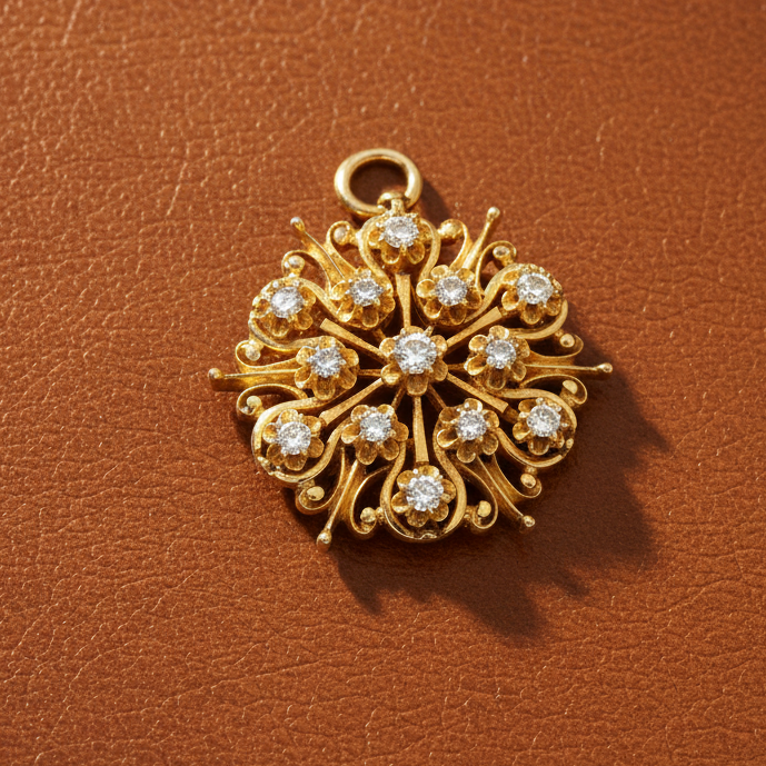 Estate Mid Century Modern Old Mine Cut Diamond 14K Yellow Gold Brooch/Pendant