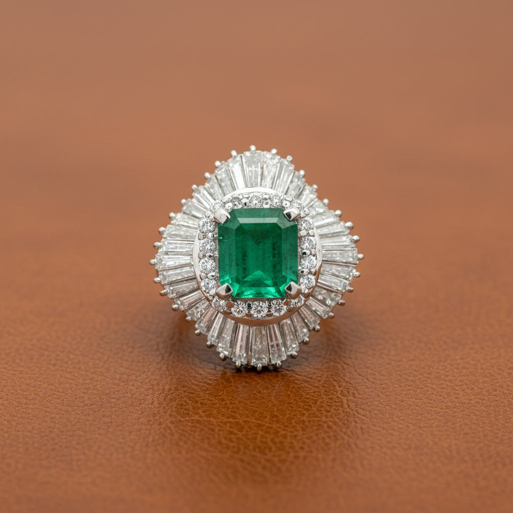 Estate Modern Fine Colombia Emerald (GIA) and Diamond Platinum Ring