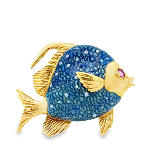 Italian Estate Blue "Guilloche" Enamel and Pink Sapphire 18Kt Yellow Gold Fish Brooch — side view