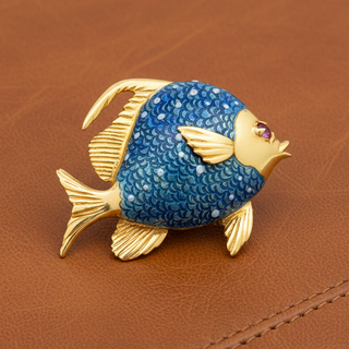 Italian Estate Blue "Guilloche" Enamel and Pink Sapphire 18Kt Yellow Gold Fish Brooch