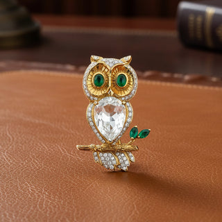 Estate Vintage 1970's 18k Gold Diamond Owl Brooch with Emerald Eyes & Rock Crystal Body — side view