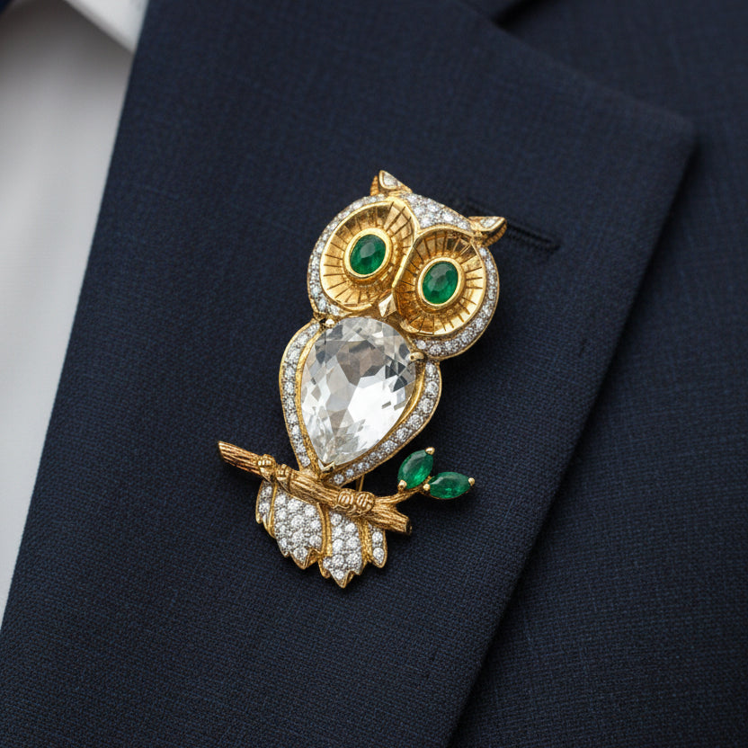 Estate Vintage 1970's 18k Gold Diamond Owl Brooch with Emerald Eyes & Rock Crystal Body