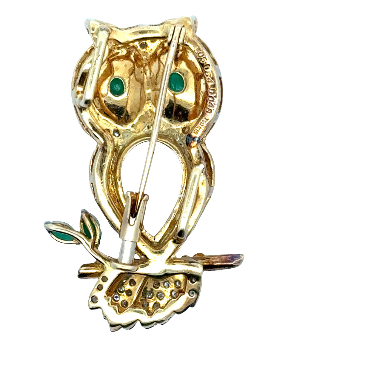 Estate Vintage 1970's 18k Gold Diamond Owl Brooch with Emerald Eyes & Rock Crystal Body — detail view