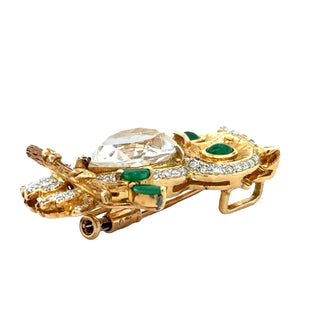 Estate Vintage 1970's 18k Gold Diamond Owl Brooch with Emerald Eyes & Rock Crystal Body — scale view