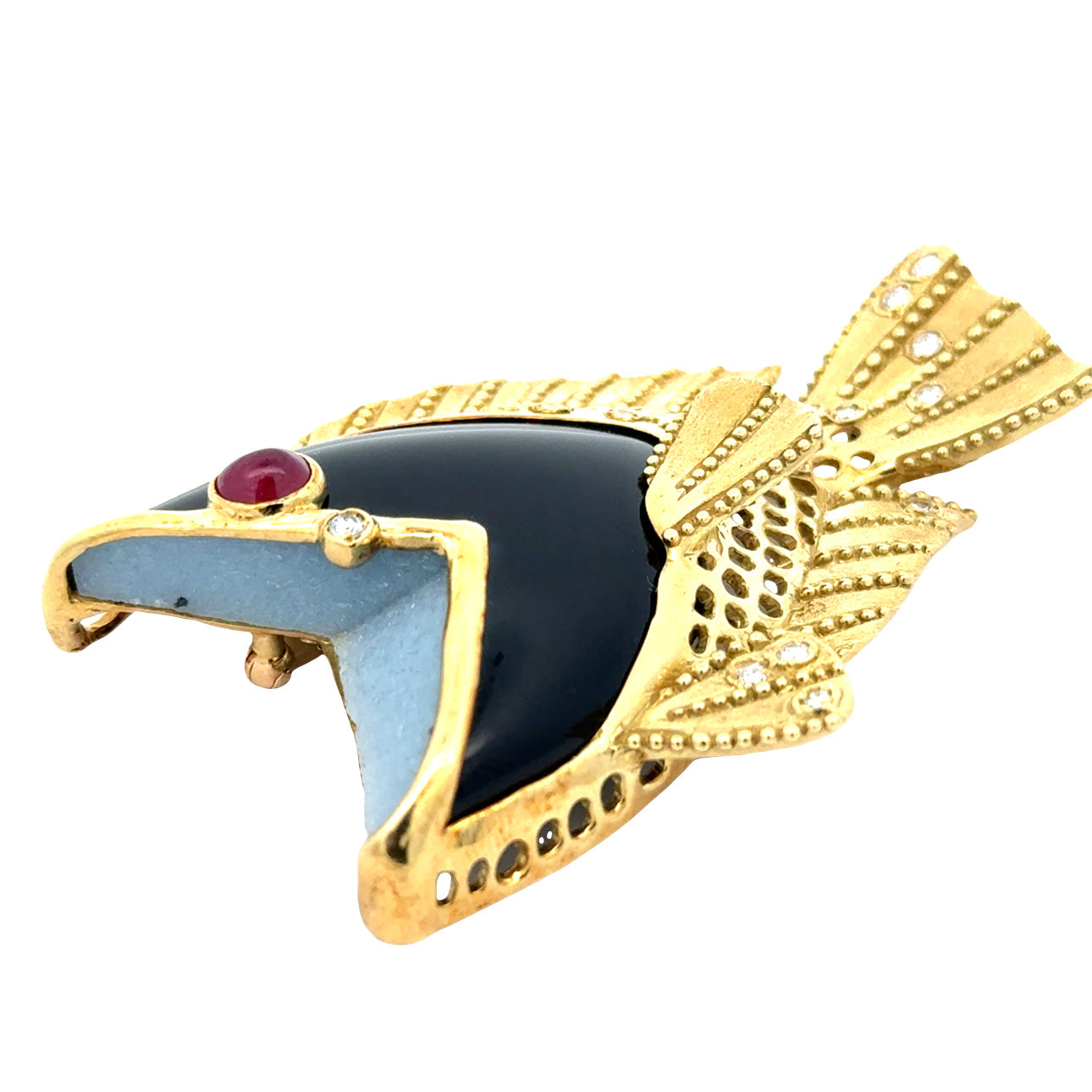 Estate Modern Custom Made In Vicenza, Italy Onyx, Ruby, Diamond 18k Yellow Gold Pendant/Brooch — detail view