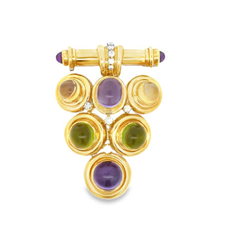 Italian Modern 1980's Geometric Diamond Amethyst, Peridot, Citrine 18k Yellow Gold Brooch — reverse view