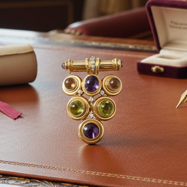 Italian Modern 1980's Geometric Diamond Amethyst, Peridot, Citrine 18k Yellow Gold Brooch