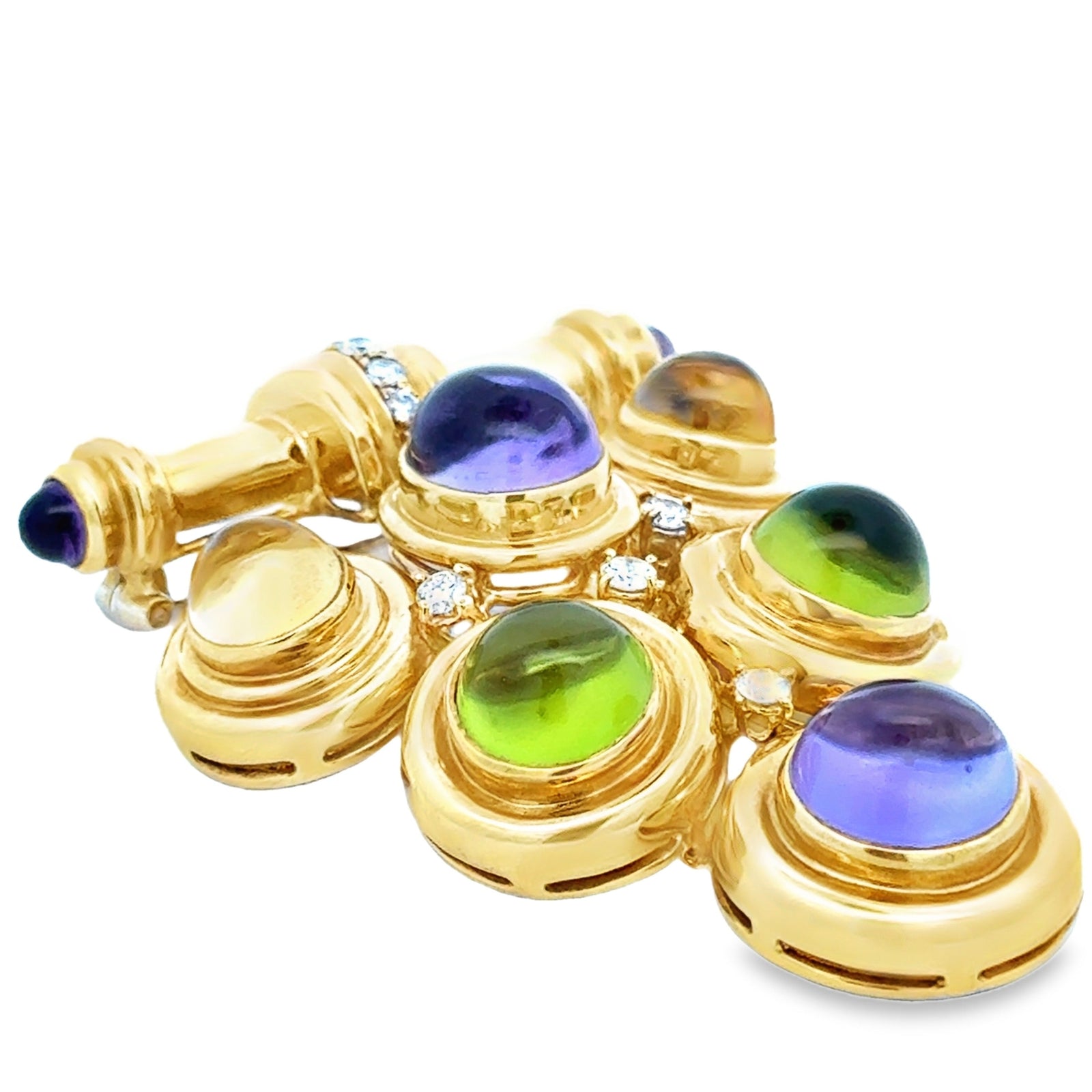 Italian Modern 1980's Geometric Diamond Amethyst, Peridot, Citrine 18k Yellow Gold Brooch — scale view